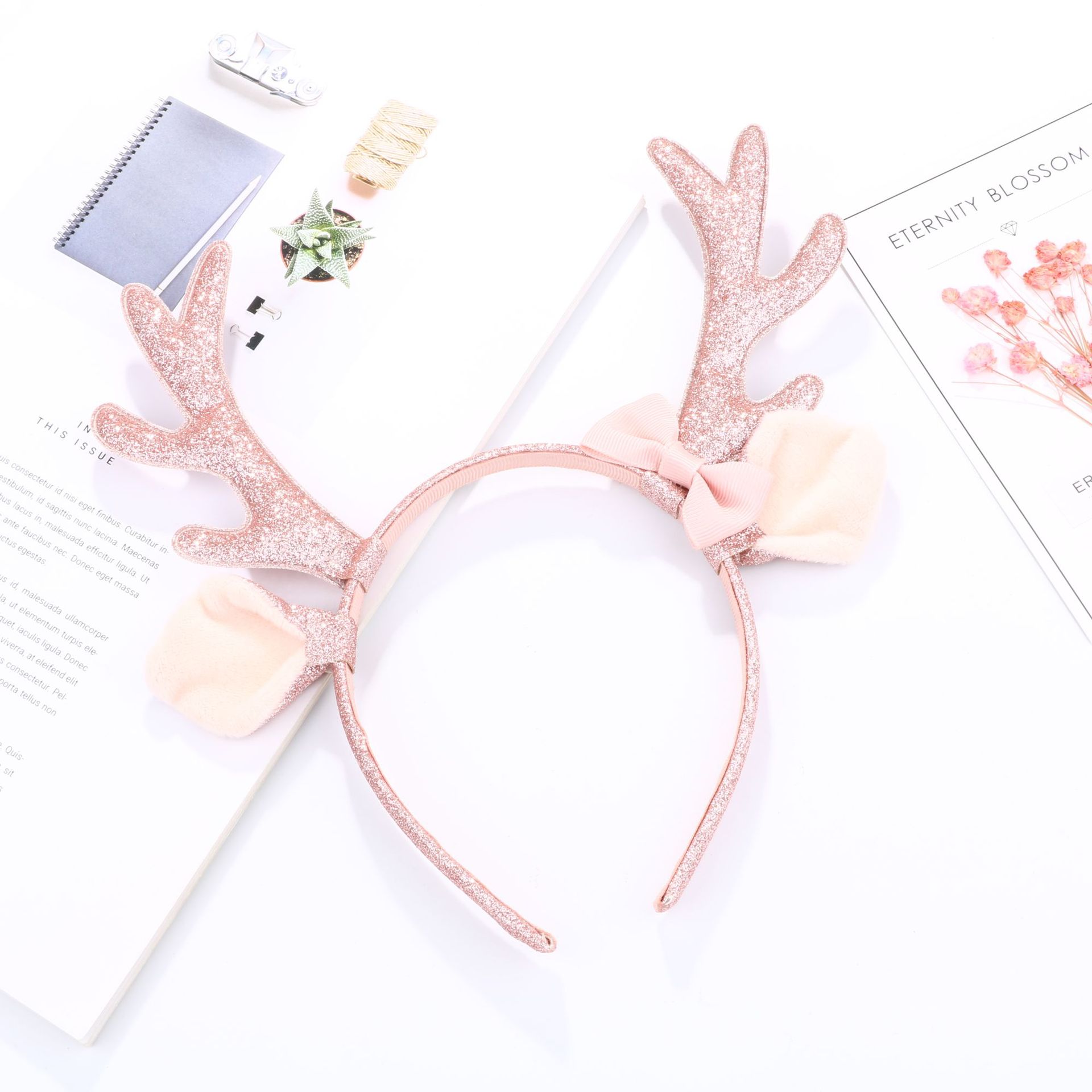 귀여운 핑크 글리터 루돌프 뿔 머리띠, 플러시 귀와 리 - Cosplay Prop Bow 리뷰 및 가격